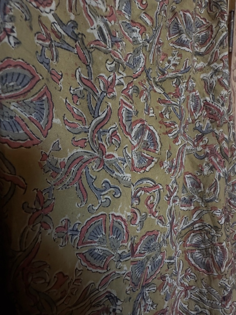 fabindia Olive Green Floral Block Print Skirt with Pink and Blue Accents